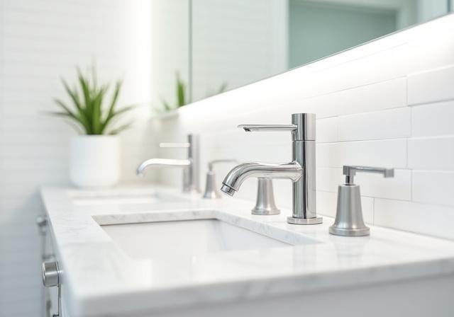 Newly installed bathroom vanity and tiling